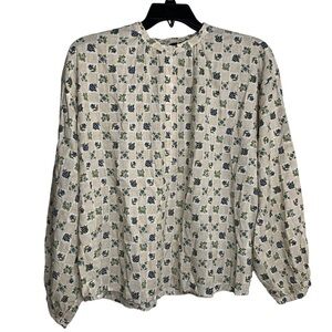 Universal Thread Womens Size XL Cream Floral Checkered Poet Blouse Half Button